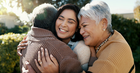 Image showing Mexican family, hug and smile for reunion, outdoors and love for support, retirement and care. Elderly parents and daughter, visit and happy in backyard, bonding and embrace for quality time at home