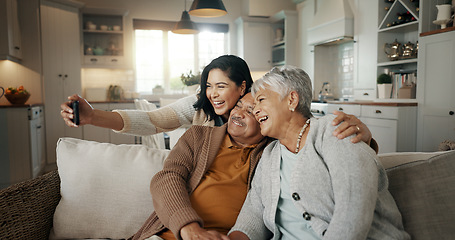 Image showing Selfie, living room and woman with senior parents bonding together on a sofa for relaxing at home. Happy, smile and female person taking a picture with elderly people in retirement in the lounge.