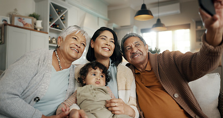 Image showing Grandparents, woman and baby in selfie, home and bonding with love, support and relax for memory on social media. Elderly woman, old man and mom with child, together and photography in family house