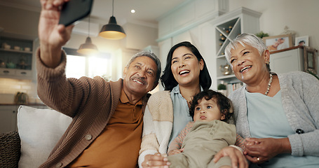 Image showing Grandparents, woman and baby in selfie, home and bonding with love, support and relax for memory on social media. Elderly woman, old man and mom with child, together and photography in family house