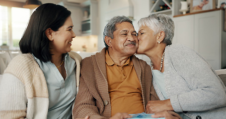 Image showing Birthday, gift and senior parents on sofa for celebration, festive event and bonding together at home. Happy family, party and elderly mother and father with daughter for present, surprise and love