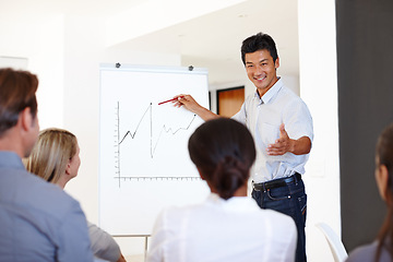 Image showing Businessman, presentation and workshop for meeting, planning and teaching for collaboration. Asian man, teaching and happiness with white board, seminar and teamwork for project in office workplace