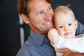 Image showing Love, smile and portrait of man with baby for care, safety and childhood development on fathers day. Family, father and face of boy toddler with bonding, affection and support for infant growth