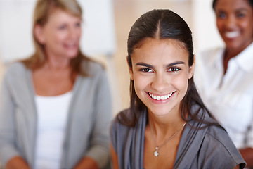 Image showing Woman, smile and portrait for business project, profession and career in workplace. Young person, editor or journalist and happy for employment or job opportunity with ambition for organisation