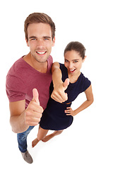 Image showing Marriage counselling, portrait and couple with thumbs up in studio top view for support, help or solution on white background. Therapy, service or people with OK hand emoji for reconciliation success