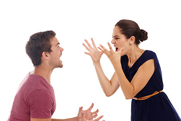 Image showing Divorce, fight and angry couple screaming in studio for cheating, liar or mistake on white background. Marriage, conflict and frustrated people argue with stress, anxiety or hate, blame and jealousy