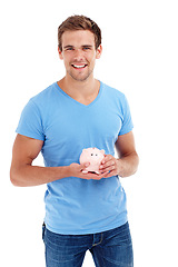 Image showing Portrait, piggy bank and happy man in studio for budget, finance or investment. Face, smile and person with money box for savings, income or security of future profit isolated on a white background