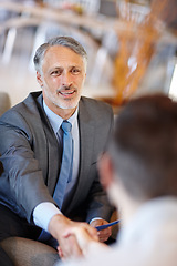 Image showing Handshake, manager and businessman in office for teamwork, partnership or collaboration in boardroom. Introduction, recruitment and shaking hands for negotiation, agreement or company onboarding