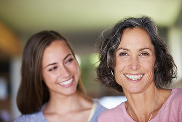 Image showing Mature mother, adult daughter and portrait with smile, love and bonding at home. Women, face and happiness with house, living room and family care for relaxing with motherhood and senior parent