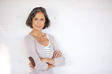 Image showing Mature woman, portrait and confidence in studio with background for positivity, smile and style. Confident, happy and face of senior female person with pride for fashion, optimist and retirement