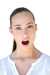 Image showing Studio, surprise or portrait of woman with shock, open mouth and wow expression for news or gossip. Sale, isolated white background or face of a person in disbelief for announcement, deal or discount