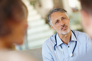 Image showing Doctor, couple or stethoscope at infertility, consultation or meeting as empathy, news or support. Mature man, patients or medical appointment to report questions, survey or feedback by professional