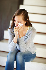 Image showing Crying, stress or woman in house with tissue, depression or mental health, crisis or disaster. Stairs, overthinking or person with tears, anxiety or overwhelmed by fail, mistake or ptsd trauma memory