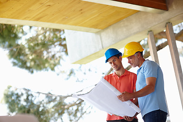 Image showing Blueprint, construction and architect with man on site for inspection, project management and planning. Professional contractor, engineer or developer with floor plan, pointing and building design