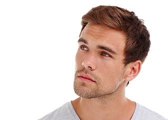 Image showing Man, thinking of ideas and inspiration for problem solving, insight and dream with future decision on white background. Brainstorming, mindfulness and thoughtful in studio with reflection or memory