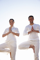 Image showing Portrait, tree pose and couple at yoga retreat with balance, peace and relax in mindfulness at outdoor resort. Zen, man and happy woman with holistic health, spiritual wellness and namaste with hands