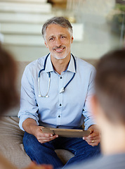 Image showing Doctor, paper or stethoscope in patient, appointment or healthcare to answer, question or support. Mature man, people or file in conversation as professional, consultation or empathy as advice