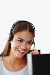 Image showing Woman, headset and smile in work office, telemarketing and communication for sales with people on technology. Telecom, customer service and b2b employee with call centre agent, helping or advice