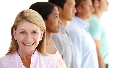 Image showing Group, people and face of woman with smile for community, diversity and demographic or population on white background. Leader, ceo and boss in corporate career with staff, employees and workers