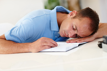 Image showing Tired, businessman or notebook in mental health, burnout or sleeping, fatigue or bad dream at desk. Brain fog, man or overworked to fail, overwhelmed or worried at burden, toxic or stress of business