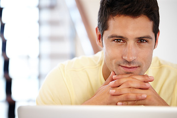 Image showing Man, portrait and laptop in home office for internet tech as software developer for website research, report or small business. Male person, face and online communication, company or entrepreneur