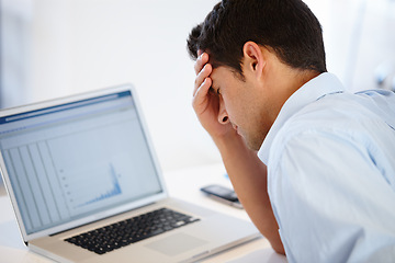 Image showing Laptop screen, headache or businessman in office for financial, stress or frustrated by chart, 404 or audit crisis. Computer, graph or accountant with brain fog, glitch or stock market crash disaster