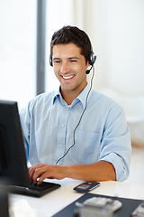 Image showing Remote work, computer and businessman consulting for call center in home office with crm, faq or b2b networking. Microphone, telemarketing and virtual assistant with pc, help and customer support