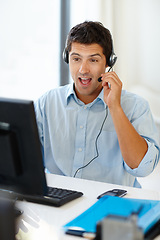 Image showing Computer, remote work and businessman consulting for call center in home office with crm, faq or b2b networking. Microphone, telemarketing and virtual assistant with pc, help and customer support