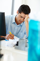 Image showing Paperwork, stress or businessman writing with headache for financial crisis, bored or frustrated by accounting. Tax mistake, boring documents or sad accountant with brain fog, burnout or debt risk