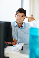 Image showing Businessman, shooting hand gesture and problem, frustrated with finance paperwork and bankruptcy risk. Professional male person in portrait, overworked and burnout with financial crisis pressure