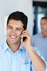 Image showing Man, smile and cellphone for phone call at office as consultant for conversation and assist client. Closeup, work and happy with discussion for connection and networking for startup business