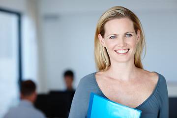 Image showing Woman, business and portrait with paperwork in office building with research papers, corporate or workplace. Female person, face and smile or company employee as financial planner, about us or career