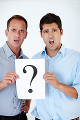 Image showing Studio, portrait and business people with paper for question mark, confused and corporate problem. Men, employees and sign with expression for query, surprise and uncertain on white background