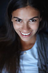 Image showing Happy woman, results or portrait in studio for skincare or beauty for natural shine or face. Model, smile or proud girl with healthy glow or dermatology cosmetics for wellness on black background