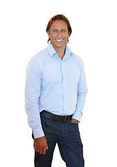 Image showing Confident, businessman and standing in portrait studio with hand in pocket for management at start up company. Happy, person and professional executive with relaxed style in isolated white background