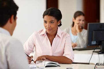 Image showing Meeting, recruitment or woman writing in job interview with documents in office for salary negotiation. Explain, manager or man speaking to hr for business, report or hiring opportunity in discussion