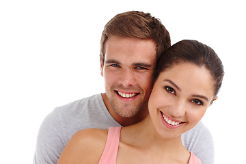 Image showing Couple, portrait and smile with hug in studio for healthy relationship, anniversary date and summer holiday. Mockup, man and woman with embrace, happiness and affection on trip on white background