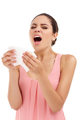 Image showing Sick, sneeze and woman on a white background with allergies, sore throat and chest infection. Sickness, healthcare and isolated person with tissue for illness, pain and asthma symptoms in studio