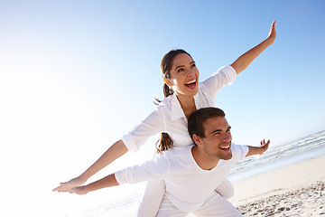 Image showing Airplane, piggyback or happy couple on a beach for travel or care with support, loyalty or outdoor freedom. Sky mockup space, romantic man or woman on holiday vacation to relax for wellness or love