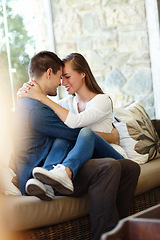 Image showing Home, couple and forehead for love, embrace and romance or care on couch in living room. Happy people, touch and smile for pride in relationship or commitment, loyalty and connection on hug date