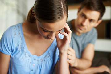 Image showing Home, disagreement and couple with divorce, angry and fighting with marriage problem and stress. Apartment, man and woman with headache or conflict with mistake and anxiety with crisis and frustrated