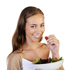 Image showing Woman, studio and eating a salad in portrait for nutrition, healthy meal and white background. Female person, diet and fresh produce for vegan lunch, organic ingredients and vitamins or minerals