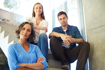 Image showing Portrait, family and stairs with confidence in real estate, property or investment together at home. Mature mother with young adults in pride, new house or ownership of modern residence or purchase