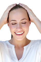 Image showing Happiness, smile and cheerful with woman, cosmetics and funny person isolated on a white studio background. Model, joyful girl and lady with skincare and confident with makeup, beauty and wellness