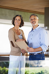 Image showing Portrait, happy couple and documents in home for budget, investment and mortgage. Smile, mature man and woman with mail for savings, asset management and financial planning together in apartment