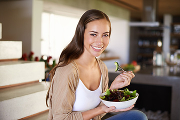 Image showing Salad, portrait and happy woman a house with breakfast, bowl or lettuce for balance, wellness or gut health at home. Vegetables, brunch or vegan person with superfoods for diet, nutrition or detox