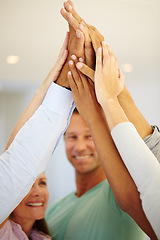 Image showing Closeup, business people and smile with high five in meeting for team building, partnership and support. Diversity, employees and hands with celebration for motivation, success and collaboration