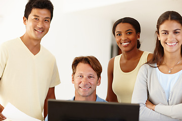 Image showing Diversity, people and smile at office with computer for teamwork, collaboration and coworking. Colleagues, group and happy in portrait for startup company or business and satisfied with growth