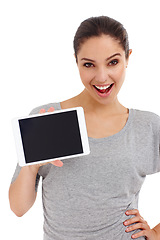 Image showing Happy woman, portrait and tablet with screen for mockup, advertising and promo for app with tech on white background. Digital marketing, website ads and UX with connectivity for online info or news