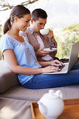 Image showing Couple, woman and man with coffee, laptop and relax with partner, girl and girlfriend in patio of home. Summer, internet and female person online for search of resort or hotel for date in holiday